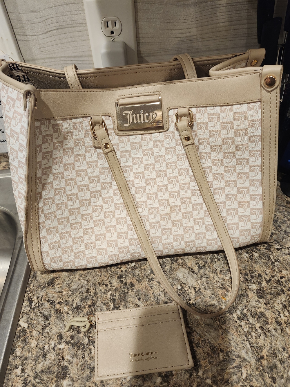 Juicy Couture Miss Juicy Tan Logo Tote Bag & Card Wallet Set Beige/Sandstone